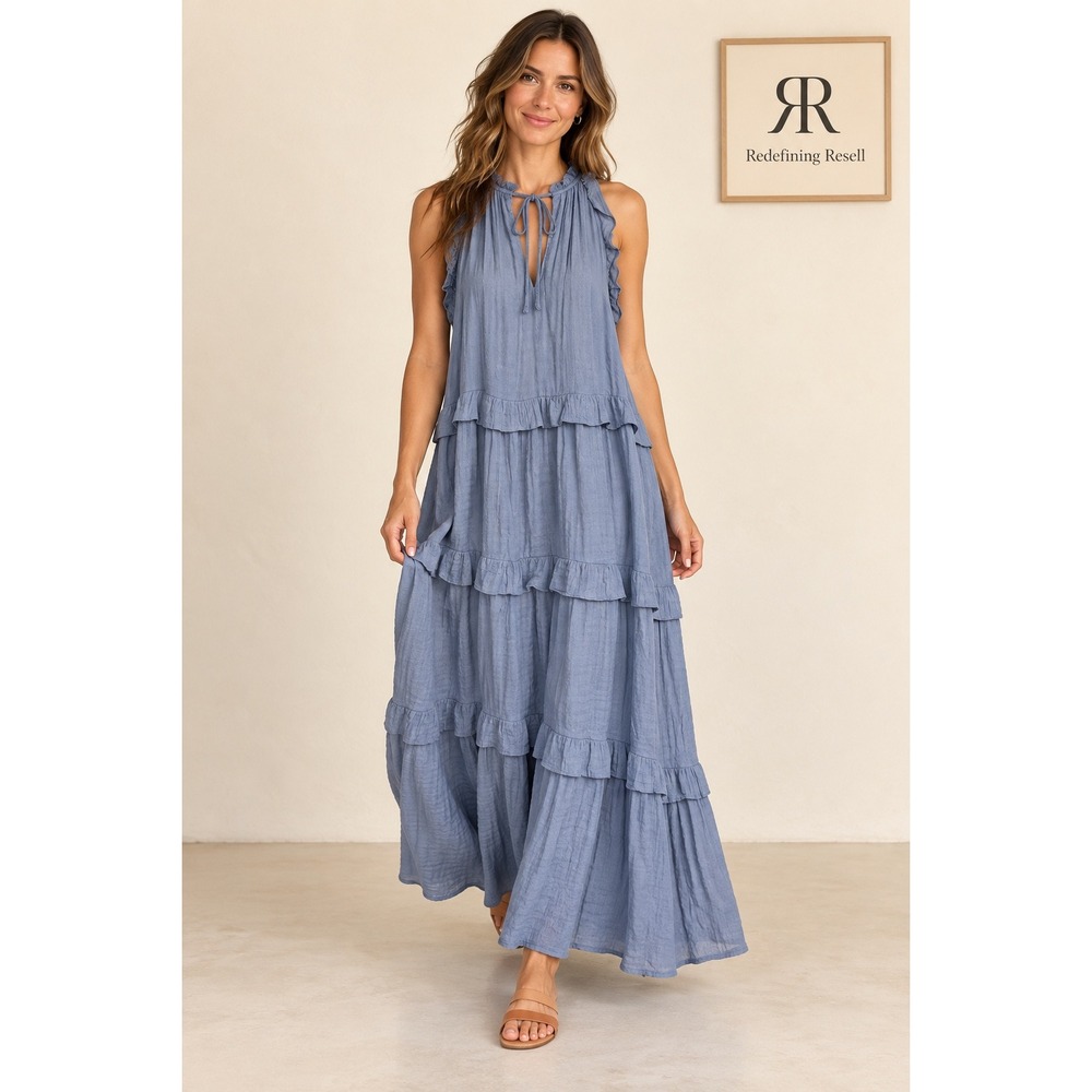 &merci Blue Ruffle Tiered Sleeveless Halter Maxi Dress S Boho Crinkle Flowy